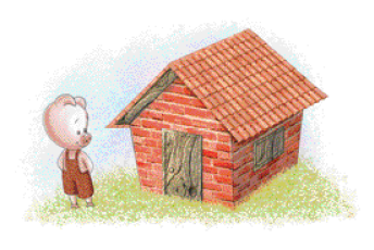 Imagem: Ilustração. Um porquinho usando um macacão vermelho olhando para uma casa de tijolos que está ao seu lado.   Fim da imagem.