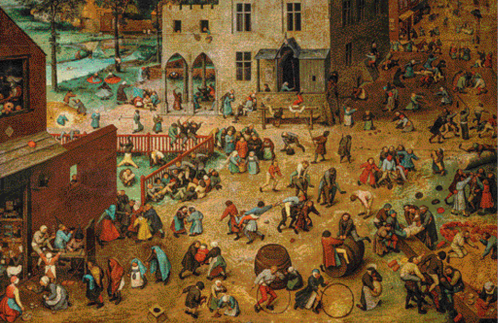 Imagem: Ilustração. Uma pintura de uma área entre prédios antigos cheia de pessoas. Algumas estão lutando, outras estão com grandes barris, algumas estão em vendas.    Fim da imagem.