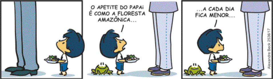 Imagem: Quadrinho. Tirinha colorida em três quadros. Primeiro quadro: menino de cabelo azul, bermuda e camiseta branca segura um prato com salada. Ao lado dele, pernas de uma pessoa adulta. Segundo quadro: o menino está ao lado de um sapo. Ele diz: o apetite do papai é como a floresta Amazônica. Terceiro quadro: o menino continua: a cada dia fica menor...   Fim da imagem.