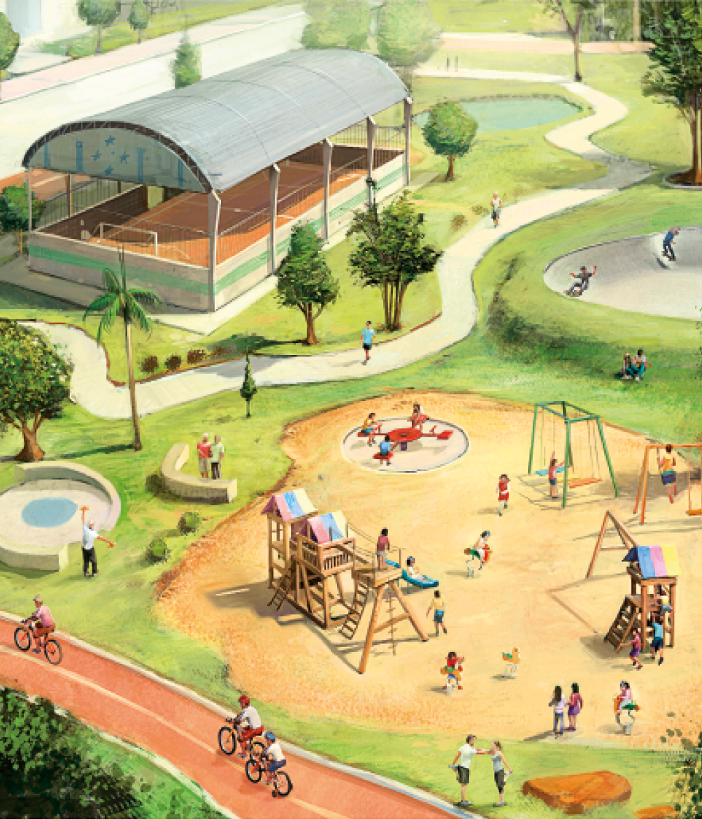 Imagem: Ilustração. Um parque com áreas gramadas e caminhos entre elas. No centro, campo de areia com brinquedos coloridos e de madeira e crianças brincando. Tem uma casinha com escadas e escorregador, balanços e um gira-gira. Ao lado há uma ciclovia com pessoas andando de bicicleta, uma pista de skate e mais para o fundo uma quadra de esportes coberta e um lago.  Fim da imagem.