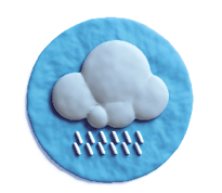 Imagem: Fotografia. Um círculo azul com uma nuvem com chuva dentro.   Fim da imagem.