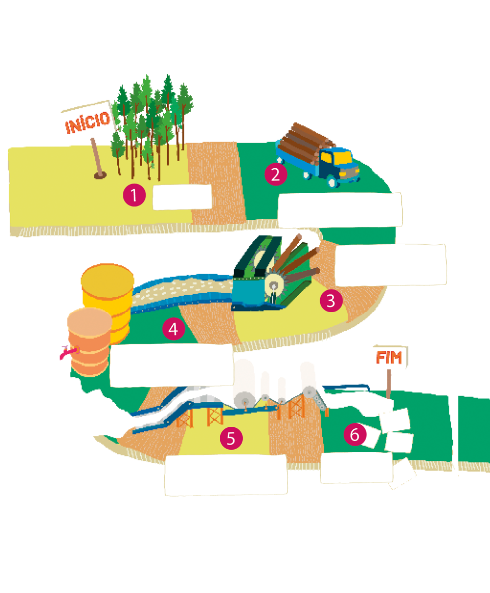 Imagem: Ilustração. Parte de um jogo de tabuleiro com várias casas. Na ordem. Início: ilustração de árvores. 1: era uma vez uma árvore. 2: um dia, ela foi cortada por alguns homens e levada para uma fábrica de papel. Ilustração de um caminhão. 3: primeiro, tiraram sua casca, depois cortaram a madeira em pedaços bem pequenos. Ilustração de uma máquina. 4: acrescentaram produtos químicos e muita água, criando uma pasta grossa: a pasta de papel. Ilustração de dois tanques. 5: a pasta foi despejada sobre uma esteira rolante e prensada para extrair toda a água. 6: por fim, foi só deixar secar e virou papel. Ilustração de papel. Fim.  Fim da imagem.