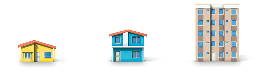 Imagem: Ilustração. Uma casa de um andar com as paredes pintadas de amarelo. Ilustração. Uma casa de dois andares com as paredes pintadas de azul. Ilustração. Um prédio de cinco andares com paredes em tons de marrom.   Fim da imagem.