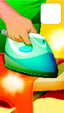 Imagem: Ilustração. Detalhe para uma pessoa usando o ferro de passar para passar uma camiseta laranja.  Fim da imagem.