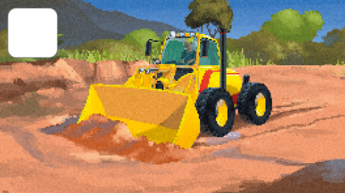 Imagem: Ilustração. Um homem dirigindo uma retroescavadeira amarela.   Fim da imagem.