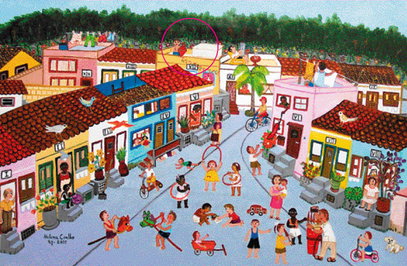 Imagem: Ilustração. Uma praça rodeada por casas coloridas, com degraus na entrada e vasos de planta. Na praça tem várias crianças brincando com bambolês, bonecas, carrinhos e cavalos. Na parte de cima das casas tem um homem segurando um vaso e um deitado em uma cadeira. O homem segurando um vaso está circulado. Fim da imagem.