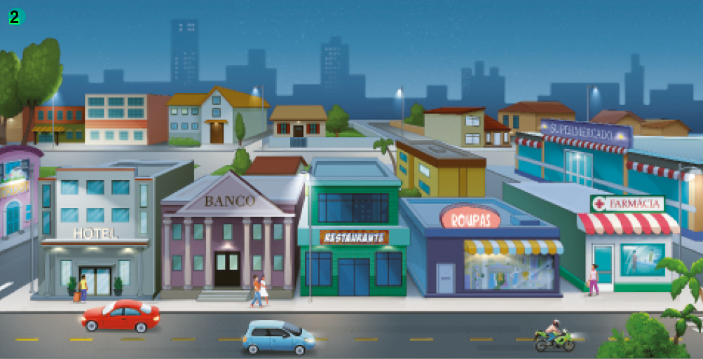 Imagem: 2: Quarteirão durante a noite. Há luzes acesas e os faróis dos carros e motos estão ligados.   Fim da imagem.