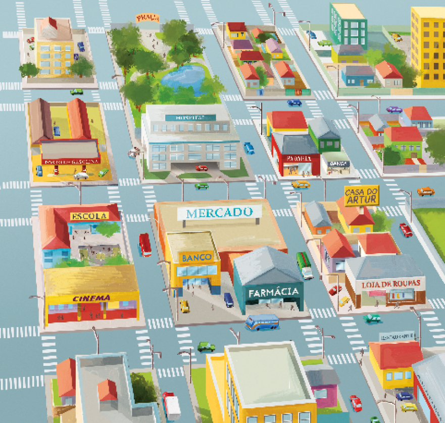 Imagem: Ilustração. Imagem aérea de um bairro, com quadras com casas, prédios e comércios. Na primeira fileira de quadras: prédio, praça, casas e prédios. Na segunda fileira de quadras: casas, posto de gasolina, hospital, padaria, banca, casas. Na terceira fileira de quadras: escola, cinema, mercado, banco, farmácia, casa do Artur e loja de roupas. Na quarta fileira de quadras: casas, prédios e restaurante. Duas linhas saem da casa de Artur, uma destacada como verde segue para a esquerda até a escola e a outra destacada em vermelho segue para a esquerda e depois para cima até a praça.  Fim da imagem.