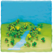 Imagem: Ilustração. Um rio passando por uma floresta.  Fim da imagem.