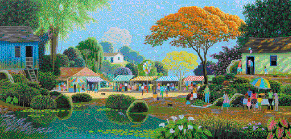 Imagem: Ilustração. Na frente, um lago rodeado por arbustos e flores. Atrás, uma feira com algumas barracas com toldos listrados coloridos e pessoas ao redor. Do lado direito, pessoas ao redor de uma mesa que está embaixo de um guarda-sol e pessoas ao redor de um pano com melancias empilhadas em cima. Há algumas casas espalhadas e no fundo uma montanha coberta por vegetação.  Fim da imagem.