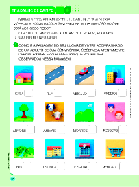 Imagem: Ilustração. Exemplifica como será a seção Trabalho de campo. Página composta por textos e imagens.  Fim da imagem.