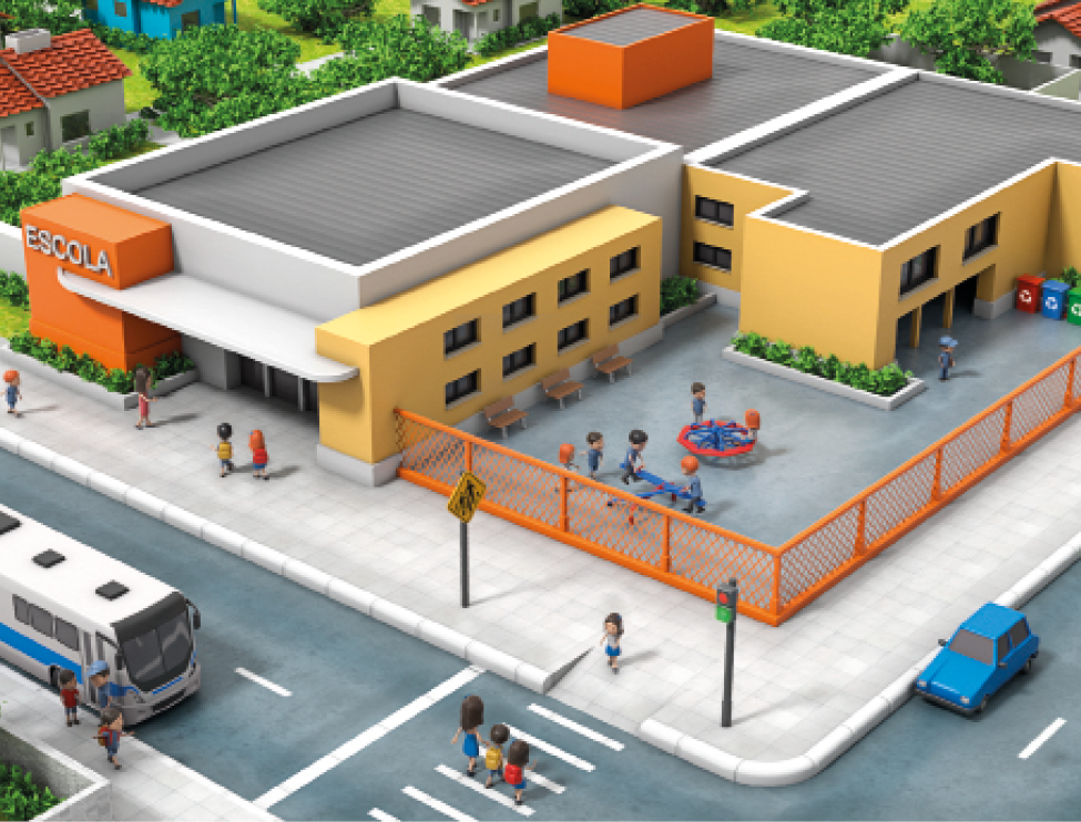 Imagem: Ilustração. Um prédio de uma escola, com paredes laranjas, amarelas e cinzas, e um pátio com parquinhos e canteiros cercado por uma grade laranja. Na frente tem crianças na calçada e um ônibus estacionado na rua, atrás de uma faixa de pedestres.  Fim da imagem.