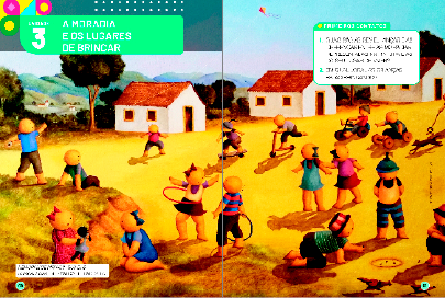 Imagem: Ilustração. Exemplifica como será a Abertura de unidade e o boxe Primeiros contatos. Página dupla composta por textos, boxe complementar e imagens. Fim da imagem.