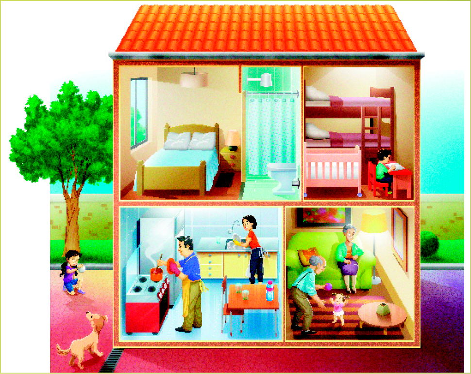 Imagem: Ilustração. Uma casa com dois andares. No andar de cima tem um quarto com uma cama e mesa de cabeceira e um banheiro e um quarto com um beliche, um berço e um menino de cabelo preto sentado com um livro em uma mesinha. No andar térreo tem uma cozinha com um homem mexendo em uma panela no fogão e uma mulher de avental lavando louça e uma sala com uma senhora de cabelo branco sentada em um sofá e um homem de cabelo branco e suspensórios brincando de bola com uma bebe que está em sua frente. Do lado de fora da casa tem uma menina de cabelo preto preso abaixada e um cachorro bege na sua frente.  Fim da imagem.