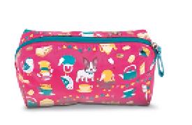 Imagem: Fotografia. Um estojo cor-de-rosa com desenhos de um ponto de vista inclinado.   Fim da imagem.