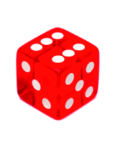 Imagem: Fotografia. Um dado vermelho de um ponto de vista inclinado, com a face do número 6 para cima.   Fim da imagem.