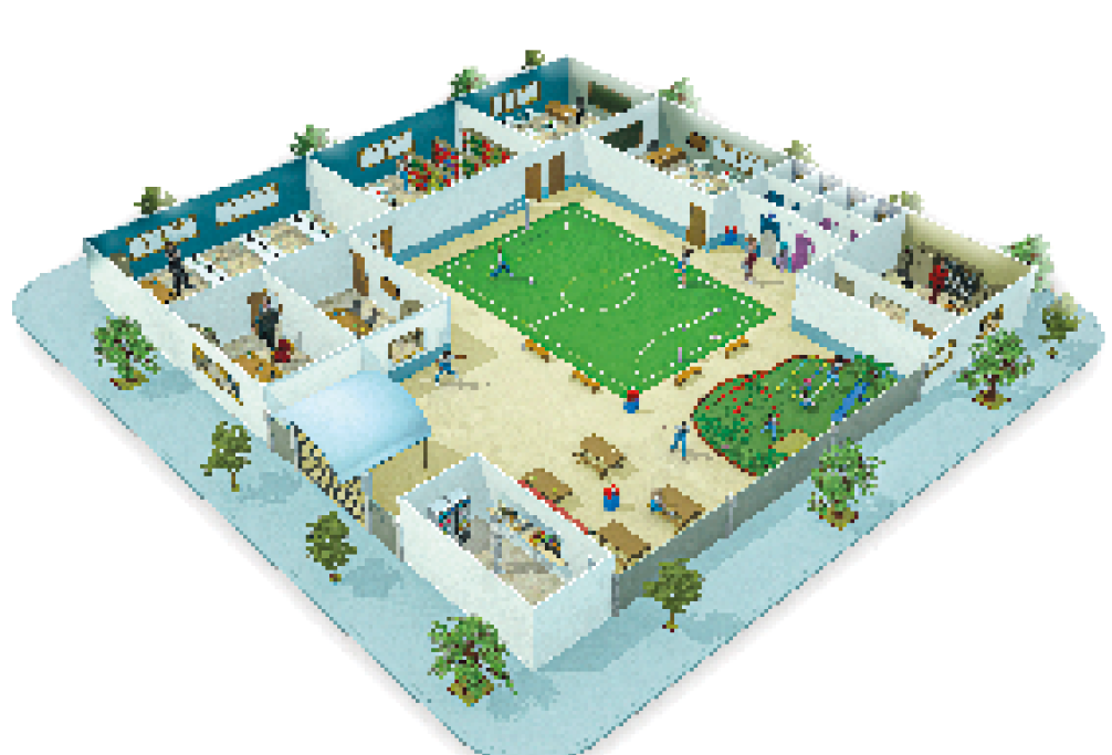 Imagem: Ilustração. Planta em 3 dimensões de uma escola. Portão de ferro da entrada e no centro, um campo de futebol gramado com algumas crianças jogando bola. Ao redor tem uma biblioteca, sala de computadores com um homem dentro parado de braços cruzados, uma sala de reuniões, um escritório, uma cozinha com uma mulher de roupa branca dentro, mesas de madeira em uma área externa, um parquinho com balanço, escorregador e gangorra, banheiros e sala de aula.  Fim da imagem.