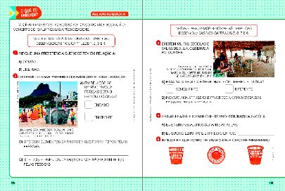 Imagem: Ilustração. Exemplifica como será a seção O que eu aprendi? Página dupla composta por textos e imagens. Fim da imagem.