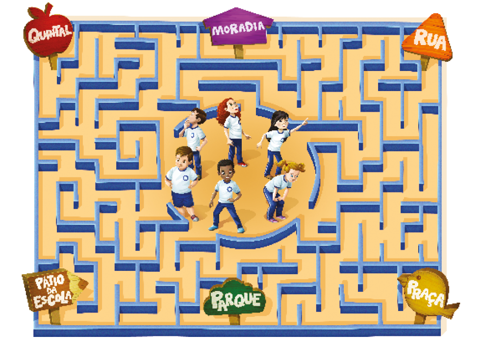 Imagem: Ilustração. Seis crianças de uniforme no meio de um labirinto: um menino de cabelo castanho, uma menina ruiva de cabelo ondulado, uma menina de cabelo preto e liso, um menino de cabelo castanho, um menino moreno e uma menina loira com o cabelo preso em maria-chiquinha. Ao redor do labirinto tem placas com nomes de locais: quintal, moradia, rua, praça, parque e pátio da escola.  Fim da imagem.