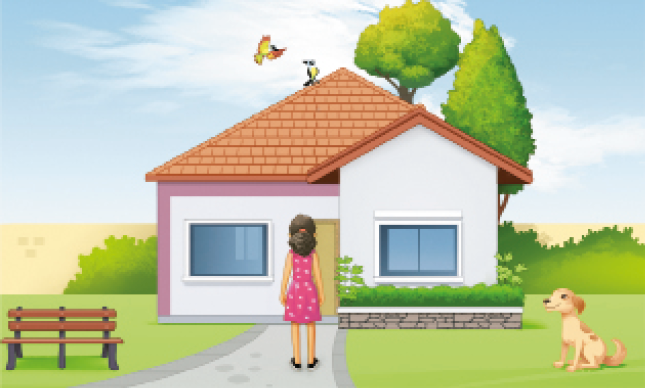 Imagem: Ilustração. Uma menina de cabelo preto enrolado preso em um rabo. Ela usa um vestido rosa florido e está parada na frente de uma casa. Em cima do telhado da casa tem dois pássaros, um apoiado no telhado e um voando. Na esquerda dela tem um banco de madeira e na direita tem um cachorro bege com manchas mais escuras. Fim da imagem.