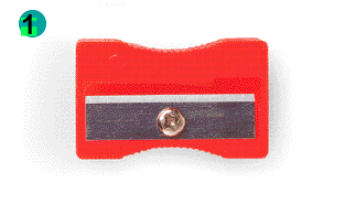 Imagem: Fotografia. Um apontador de plástico vermelho visto de cima.   Fim da imagem.