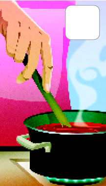 Imagem: Ilustração. Detalhe para uma pessoa mexendo um molho vermelho em uma panela no fogo. Tem fumaça saindo da panela.  Fim da imagem.