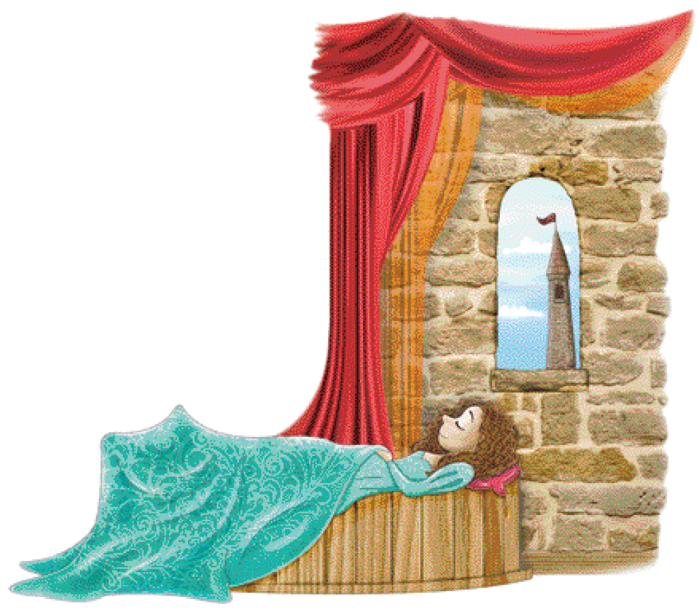 Imagem: Ilustração. Uma menina de cabelo castanho cacheado deitada de olhos fechados e sorrindo. Ela usa um vestido longo azul e está coberta por um tecido azul. Ela está em uma sala com paredes de pedra, uma cortina e uma janela. Pela janela dá para ver uma torre de pedra com uma bandeira em cima.  Fim da imagem.