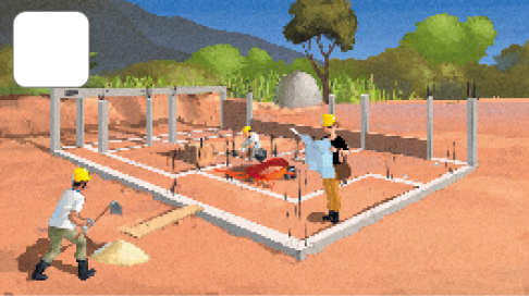 Imagem: Ilustração. Três homens trabalhando na construção de uma casa. Um deles está com uma enxada, um segura um projeto e o outro passa massa no chão. Os pilares da casa estão erguidos.    Fim da imagem.