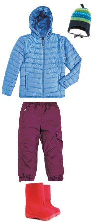 Imagem: Esquema. Uma coluna de peças de roupa e uma de paisagens para serem ligadas. Primeira coluna: conjunto 1, com calça, botas, casaco e gorro;  Fim da imagem.