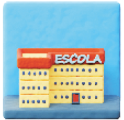 Imagem: Ilustração. Um prédio de três andares, em cima a placa: escola.  Fim da imagem.