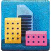 Imagem: Ilustração. Três prédios, um amarelo, um azul e um rosa.  Fim da imagem.