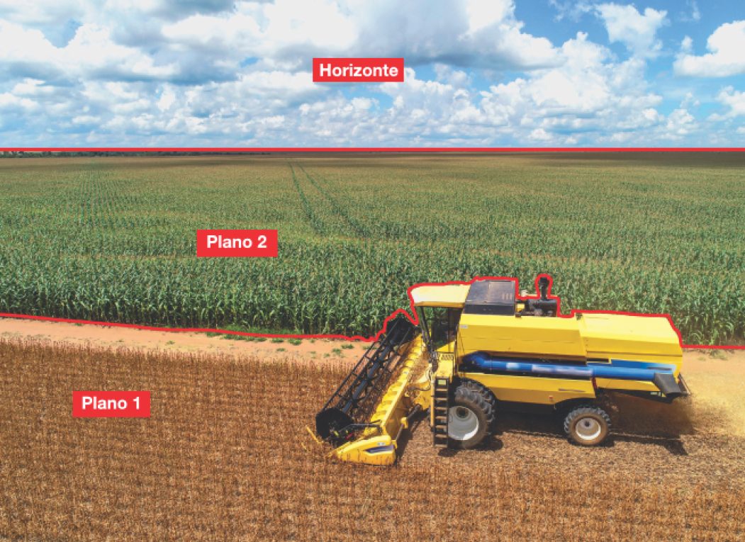 Imagem: Fotografia. Um trator passando por uma plantação. Atrás, mais uma área de plantação, com plantas verdes. O céu é azul com nuvens. A fotografia está separada em setores. Plano 1: primeira parte de plantação e trator. Plano 2: plantação verde. Horizonte: o céu.  Fim da imagem.