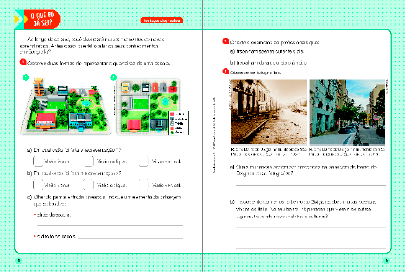 Imagem: Ilustração. Exemplifica como será a seção O que eu já sei. Página dupla composta por textos e imagens. Fim da imagem.