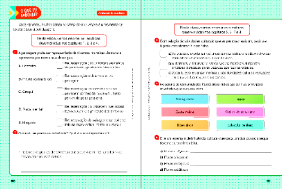 Imagem: Ilustração. Exemplifica como será a seção O que eu aprendi? Página dupla composta por textos e imagens. Fim da imagem.