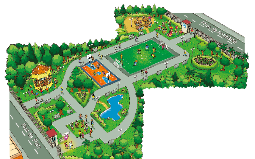 Imagem: Ilustração. Uma praça no meio de duas ruas: Rua da Paz e Rua da Amizade. Na praça há áreas gramadas com árvores, canteiros com flores, um campo de futebol com um grupo de pessoas uniformizadas jogando, um grupo de pessoas com roupas coloridas dançando próximo a uma das entradas da praça, mesas de piquenique , uma quadra de basquete com pessoas jogando, um lago, um grupo de pessoas sentados tocando instrumentos musicais e uma banda tocando em um coreto, com pessoas ao redor assistindo.  Fim da imagem.