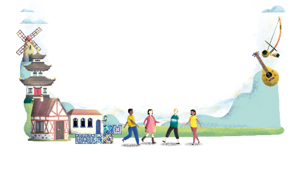 Imagem: Ilustração. Homem negro de calça azul e camiseta amarela, menina de cabelo castanho e vestido rosa, homem loiro de calça preta e camiseta verde e menina de cabelo preto com calça rosa e camiseta amarela. Do lado esquerdo deles há algumas casas de diferentes estilos: uma baixa branca com janelas azuis, uma no estilo alemão, uma torre oriental e um moinho. Do lado direito deles há um violão e um berimbau.  Fim da imagem.