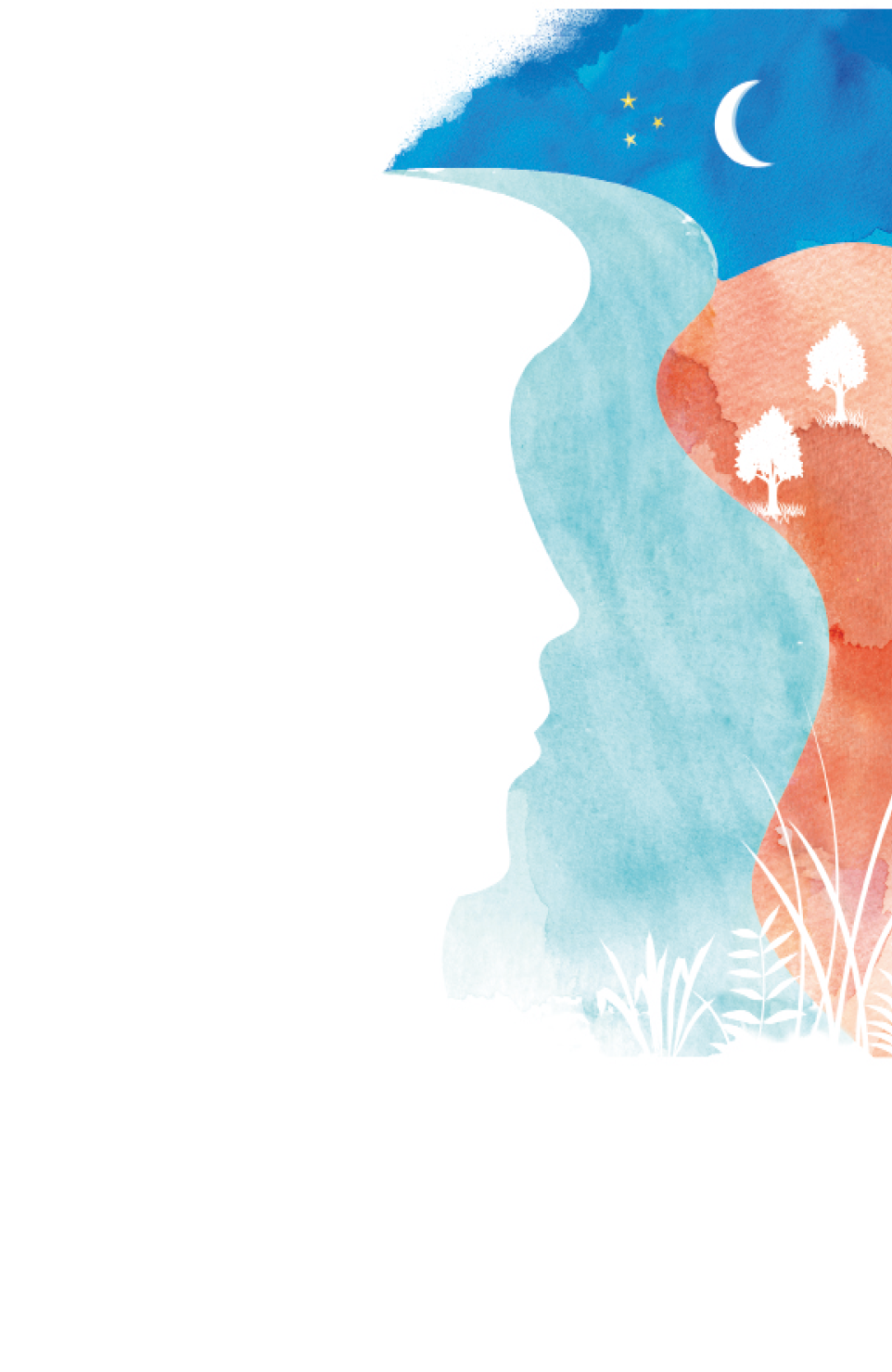 Imagem: Ilustração. Faixas coloridas. Na esquerda, uma faixa em azul formando o contorno do rosto de uma pessoa de perfil. Ao lado, uma faixa vermelha com árvores. Para cima, uma faixa azul com lua e estrelas.   Fim da imagem.