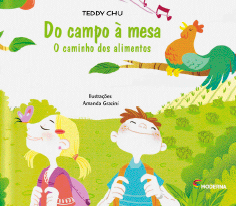 Imagem: Ilustração. Capa de livro. Na parte superior, o título: do campo à mesa. O caminho dos alimentos. Ilustração de uma menina loira com o cabelo preso. Ela está de olhos fechados, com uma mochila nas costas e uma borboleta em seu nariz. Ao lado, um menino de cabelo castanho usando uma camiseta azul e mochila. Acima, um galo cantando empoleirado no galho de uma árvore.  Fim da imagem.