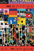 Imagem: Ilustração. Capa de livro. Há uma faixa vermelha na parte superior e uma na inferior com o título do livro: meninos do mangue. No meio, pedaços coloridos de retângulos e faixas recortadas.   Fim da imagem.