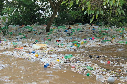 Imagem: Fotografia. Pilhas de lixo em um rio com a água marrom.  Fim da imagem.