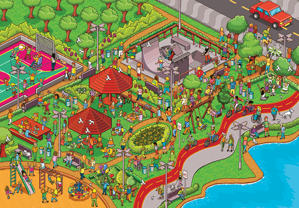Imagem: Ilustração. Muitas pessoas, adultos e crianças, estão em uma ampla área com diferentes espaços de lazer. Ao centro, elas lancham embaixo de dois quiosques, também em toalhas estendidas no chão e em uma espaçosa mesa. Outras crianças brincam no parquinho distribuída entre o escorregador, trepa-trepa, gira-gira e o balanço. Próximo dali algumas pessoas descansam em bancos, caminham, andam de bicicleta em ciclovia e com equipamento de proteção e um rapaz vende balões coloridos. Também há gatos, cachorros e pássaros no espaço. Postes de iluminação, árvores e lixeira estão espalhados pelo local. Ao lado dessa área, há uma quadra poliesportiva aberta onde crianças correm e outras brincam de bola. Mais ao fundo está a pista de skate onde se divertem com equipamento de proteção. Próximo a um vendedor de coco está um pequeno grupo de pessoas que praticam alongamento. E paralelo à ciclovia há um espaço para descanso em bancos e caminhada à frente de um lago. Fim da imagem.