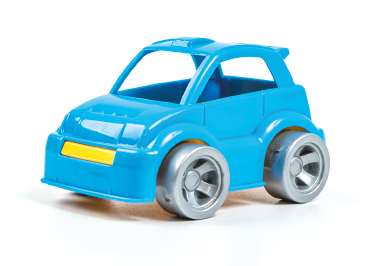 Imagem: Fotografia. Um carrinho de plástico azul. Fim da imagem.