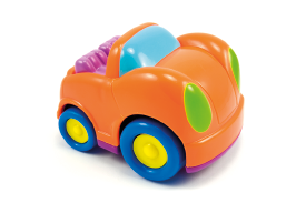 Imagem: Fotografia. Um carrinho de plástico laranja. Fim da imagem.