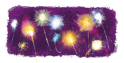 Imagem: Ilustração. Destaque do céu com muitos fogos de artifício. Fim da imagem.