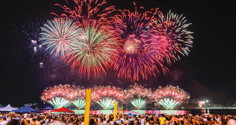 Imagem: Fotografia em plano aberto. Destaque do céu noturno com fogos de artifícios com aspecto sortido. Eles são disparados de um trecho em alto-mar e na encosta uma multidão observa.  Fim da imagem.