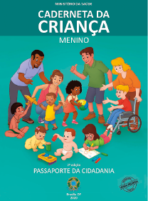 Imagem: Ilustração. Reprodução de uma capa que apresenta o título “Caderneta da criança” acompanhado do desenho de muitas crianças com características diversas e fazendo diferentes atividades. Fim da imagem.