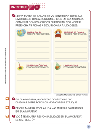 Imagem: Ilustração. Exemplifica como será o boxe Investigue. Página composta por textos, boxe complementar e imagens.  Fim da imagem.