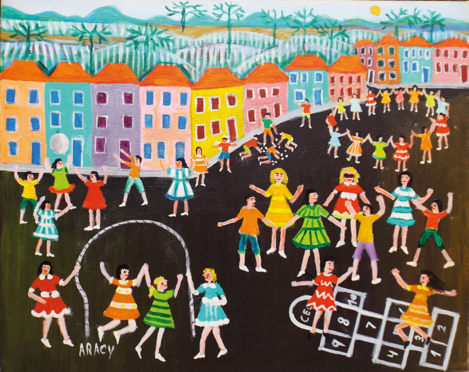 Imagem: Pintura. Em uma via próximo a um conjunto de pequenas casas coloridas com muitas janelas e portas de acesso à rua, muitas crianças brincam separadas em diferentes grupos. Em destaque, quatro meninas brincam de pular corda, duas pulam e duas batem. Ao fundo, outro grupo brinca de jogar a bola para o alto. Do outro lado, muitas garotas brincam em uma grande roda de mãos dadas. Próximo dali, uma pequena turma brinca de cabra-cega e outras jogam amarelinha. Fim da imagem.