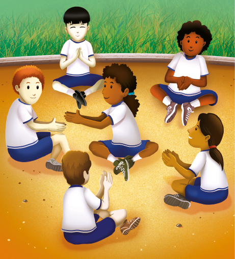 Imagem: Ilustração. Seis crianças uniformizadas estão sentadas em roda, sendo que uma delas está ao centro e aproxima as mãos unidas das mãos de um colega. As demais também estão com as mãos dispostas unidas à frente do corpo.  Fim da imagem.