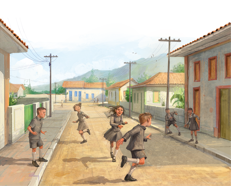Imagem: Ilustração. Um grupo de seis crianças, três meninos e três meninas, brinca correndo na rua. Eles vestem roupas cinzas, sapato, meias longas brancas, camisa, as meninas usam saia e os meninos usam bermuda. A via não tem carros e as casas ao redor são pequenas, com muros baixos e portas e janelas com acesso diretamente à calçada, sem portão. No espaço, há postes de iluminação e árvores nos terrenos. Ao fundo, morros.  Fim da imagem.